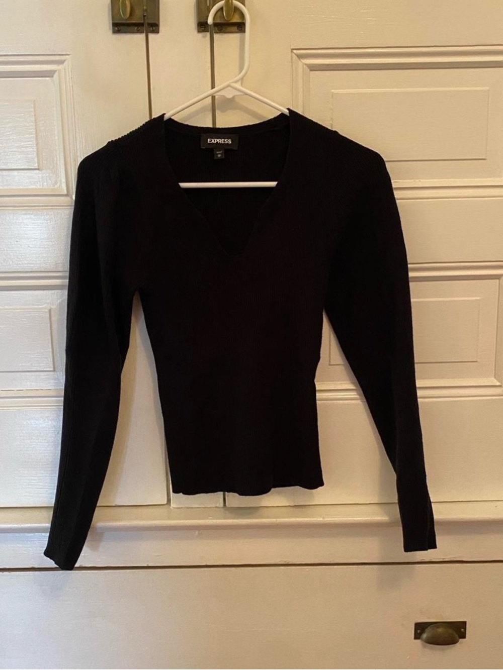 Express Black Ribbed V-Neck Long Sleeve Sweater Top